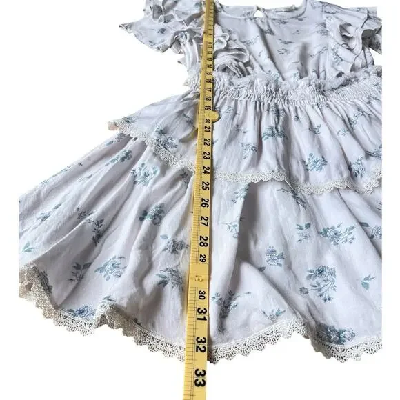 Shabby Chic White Blue Floral Ruffle Mini Dress Cottagecore - Size XS - Picture 8 of 9